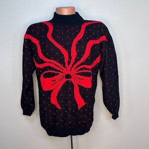 Vintage 1980s/90s Black and Red Metallic Bow Sweater, Jonathan Cass Size Large